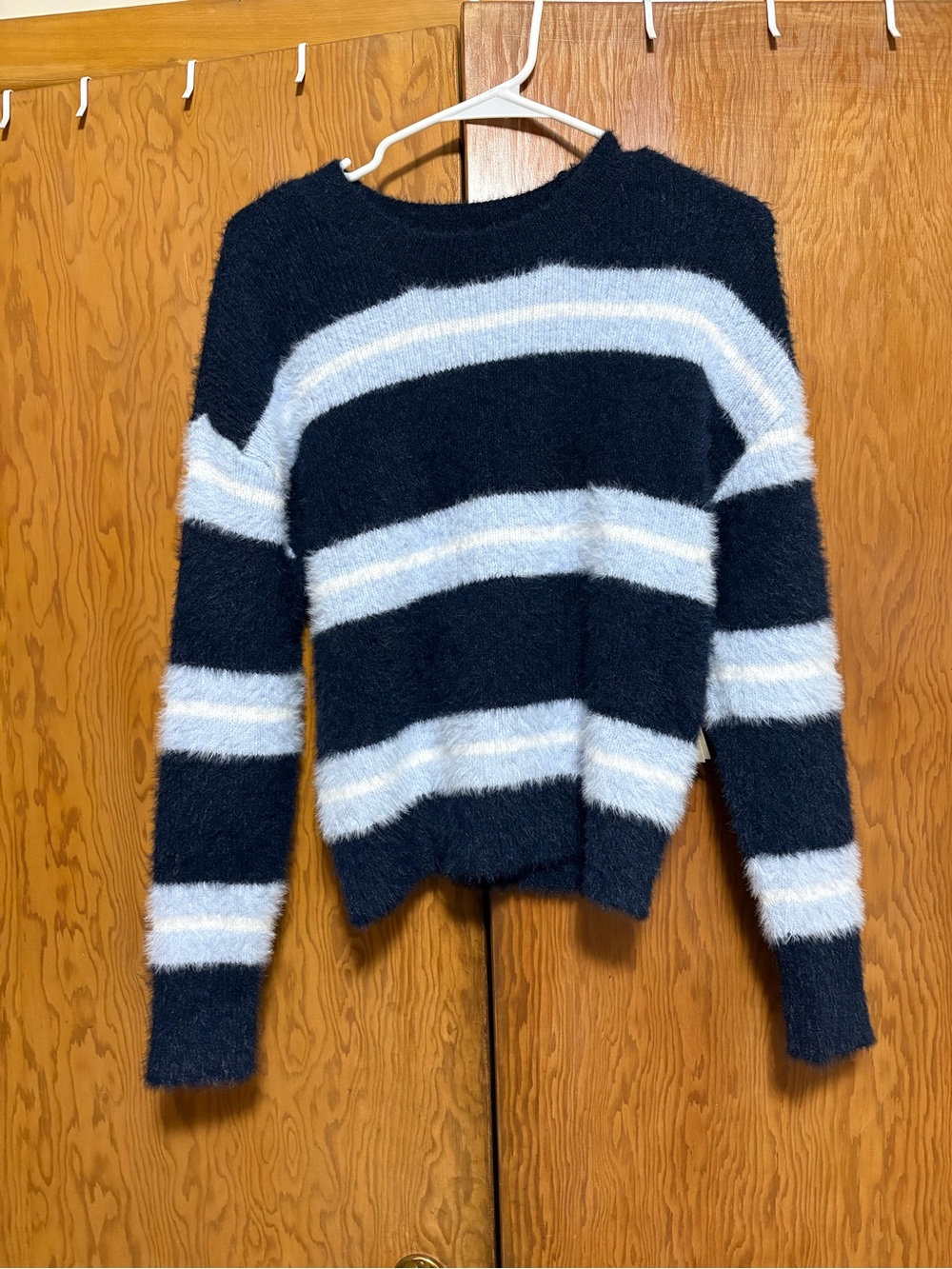 No Boundaries Navy and Light Blue Striped Fuzzy Crewneck Sweater